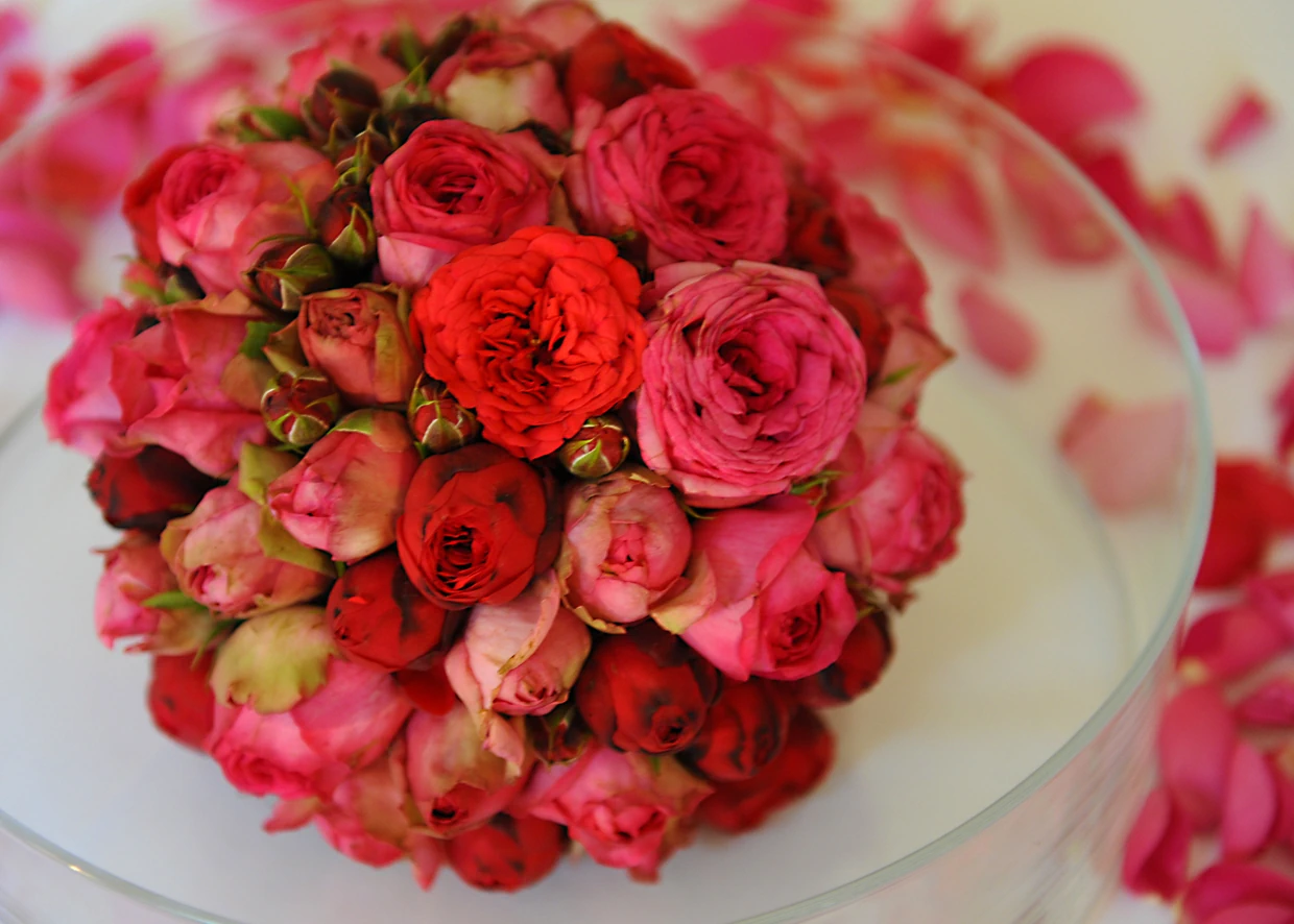 Festlich gedeckter Hochzeitstisch mit Blumendeko – Hochzeitsfotografie
